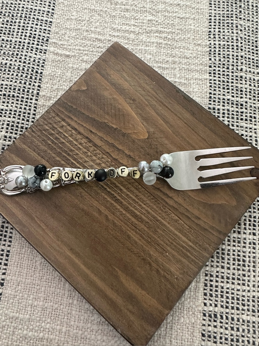 Beaded 'Fork Off' Decorative Dining Fork in Black & Gray